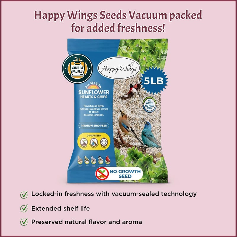 Happy Wings Sunflower Hearts & Chips - Sunflower Kernels and Chips Bird Food - 5 Lb No Mess, No Waste I No Grow Seed | Bird Seed for Wild Birds - Image 3